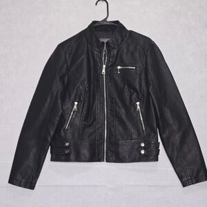 Ci Sono Black Faux Leather Moto Biker Jacket Silver Hardware PUJK341 Large